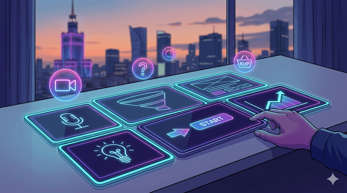 Ilustracja w stylu neonowym przedstawia dłoń osoby na pierwszym planie, która dotyka interaktywnego, świecącego fioletowym i niebieskim światłem panelu z napisem „START”. Na biurku obok panelu ułożone są inne holograficzne, neonowe kafelki z ikonami symbolizującymi etapy tworzenia treści: żarówkę (pomysł), mikrofon, kamerę wideo, lejek sprzedażowy i wykres wzrostu. Nad kafelkami unoszą się świecące kulki z ikonami znaku zapytania i koszyka zakupowego z napisem „KUP”. W tle, przez duże okno biurowe, widać panoramę Warszawy o zmierzchu, z charakterystycznym, podświetlonym na fioletowo Pałacem Kultury i Nauki.