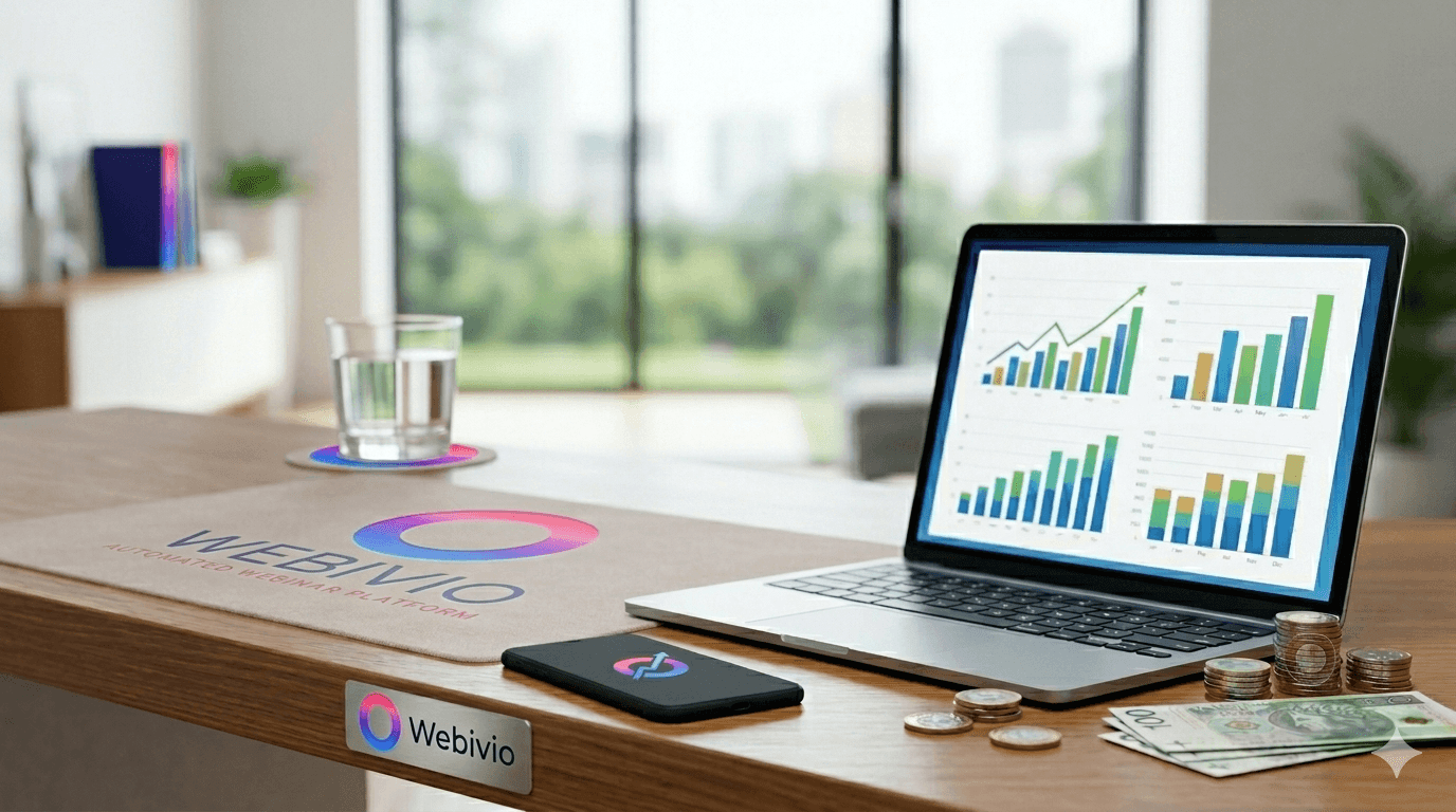 Nowoczesny pulpit sprzedażowy Webivio z wykresami zysków, polskimi monetami i banknotami na biurku.