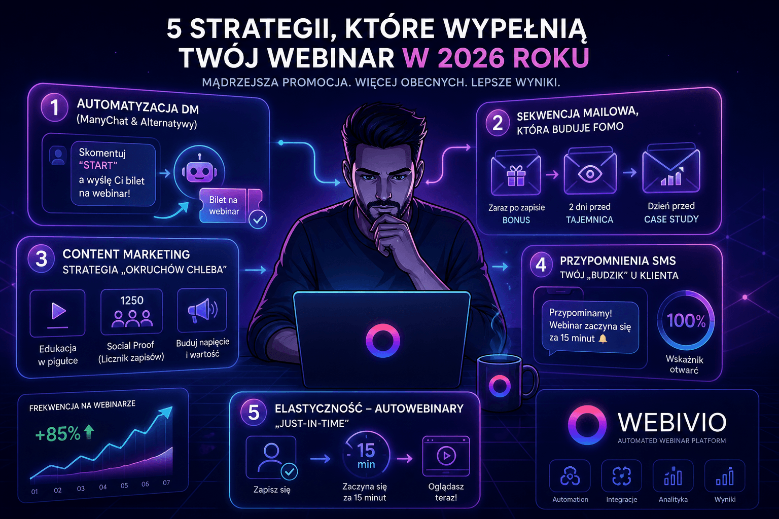Futurystyczna grafika w neonowym stylu przedstawiająca 5 strategii zwiększania frekwencji na webinarze: automatyzację DM, sekwencję mailową, content marketing, przypomnienia SMS i autowebinary „just-in-time”, z centralną postacią pracującą przy laptopie i wizualizacją rosnących wyników.