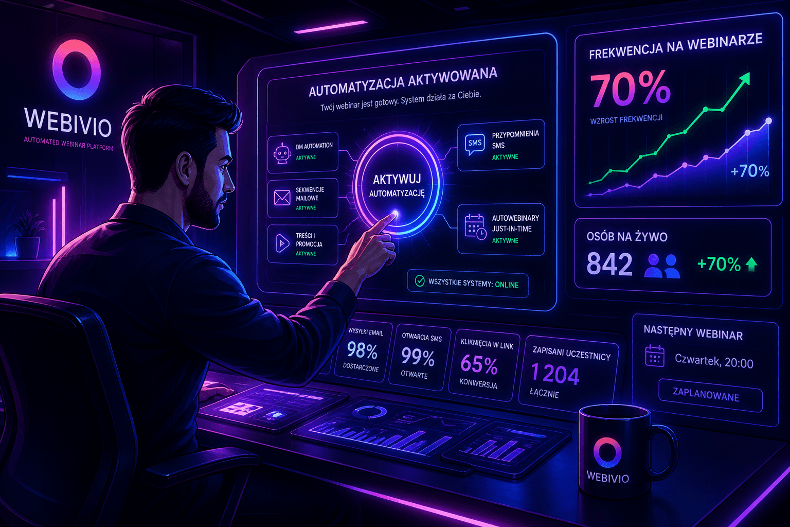 Mężczyzna aktywujący automatyzację w futurystycznym pokoju kontrolnym Webivio, z subtelnym, neonowym brandingiem na ekranach i kubku, co powoduje wzrost frekwencji na webinarze do 70%.